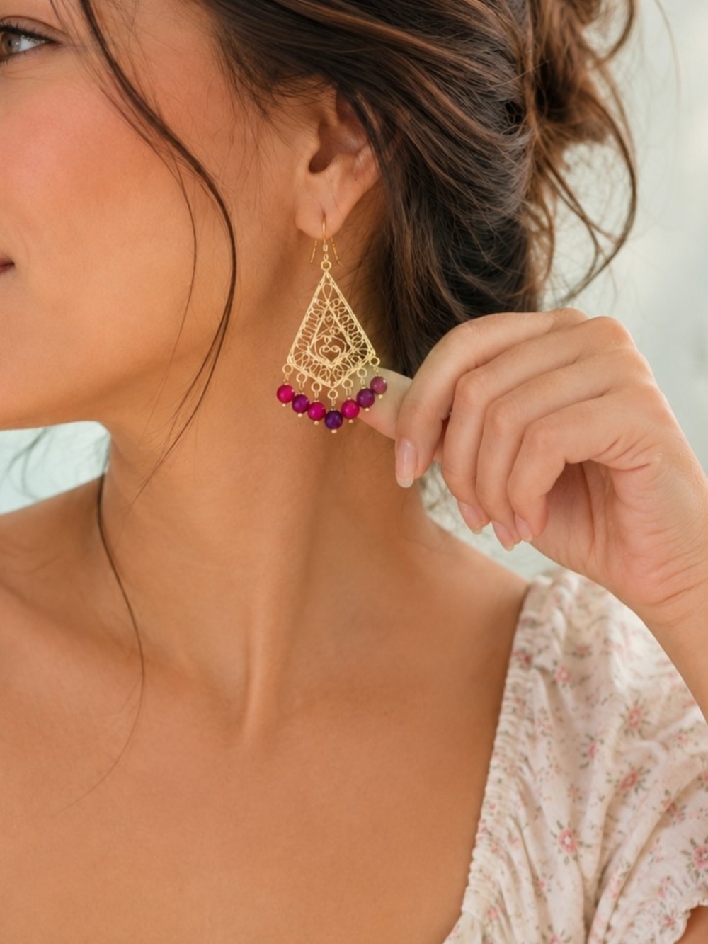 Gold Filigree Teardrop Earrings with Pink Bead Fringe
